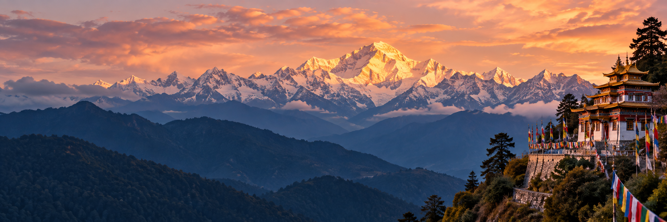 Snow-covered Himalayan mountains and a hillside monastery at sunset